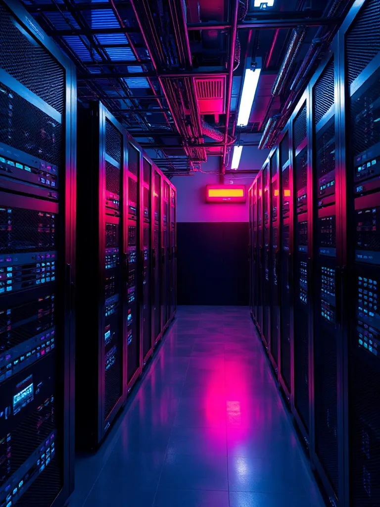 High-tech server room with blue and red ambient lighting, in