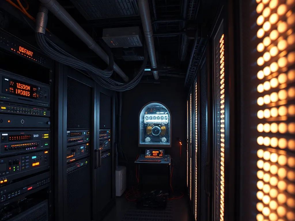 High-tech server room with glowing fiber optic cables, profe