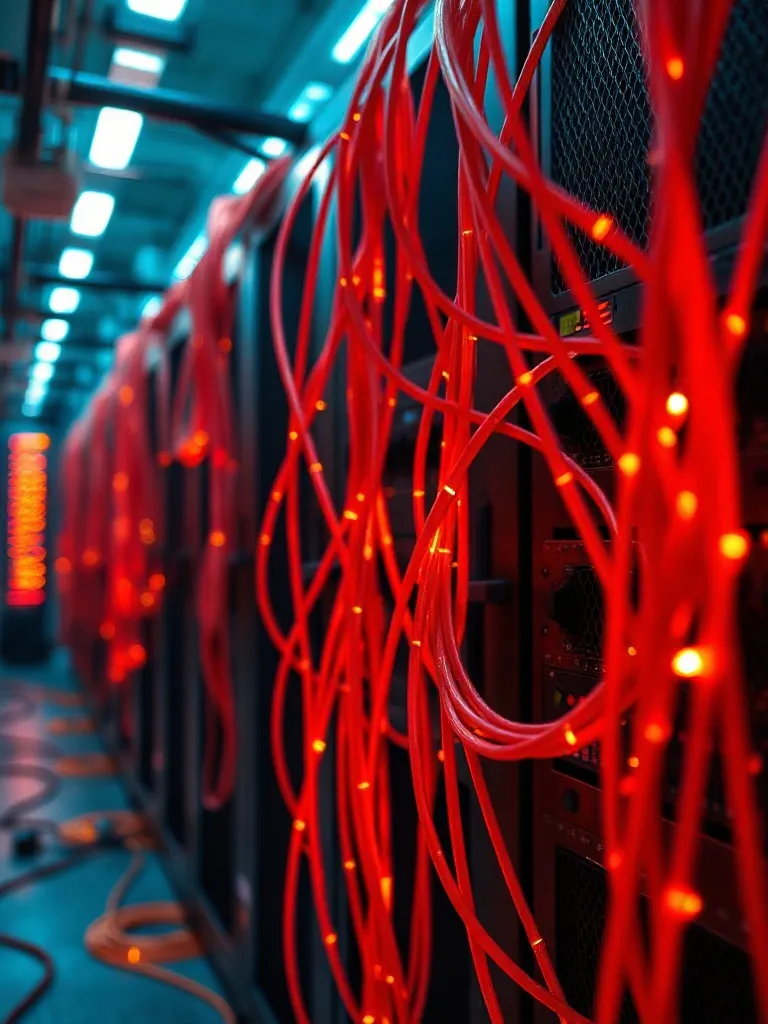High-tech server room with glowing red and gold fiber optic