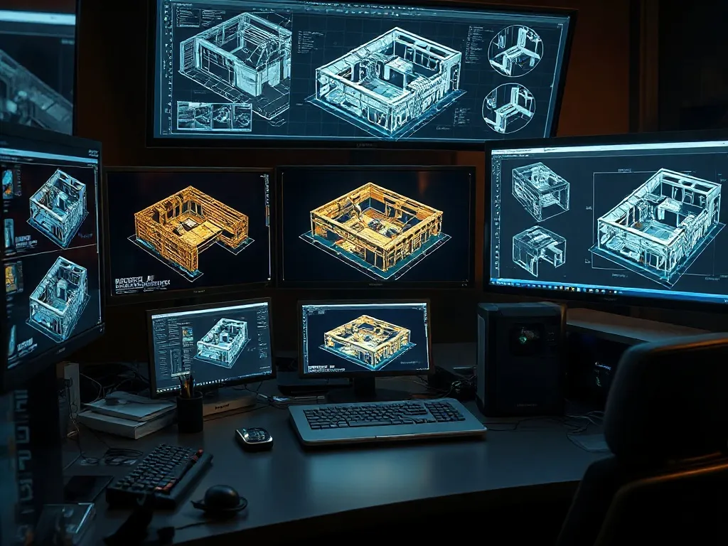 Professional technical workstation with multiple monitors sh